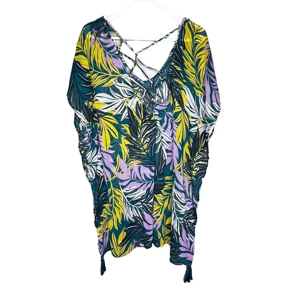 Palisades Beach Club Womens Tropical Green Printed Pullover Swim Cover-Up Size L
